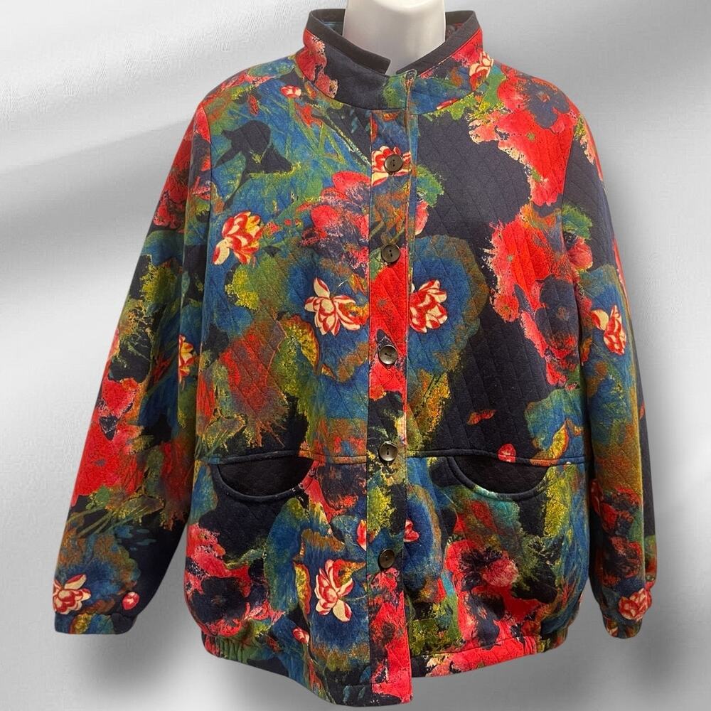 Oriental Multi-Color Floral Jacket Button Up Front + 2 Front Pockets 30#0=R-15